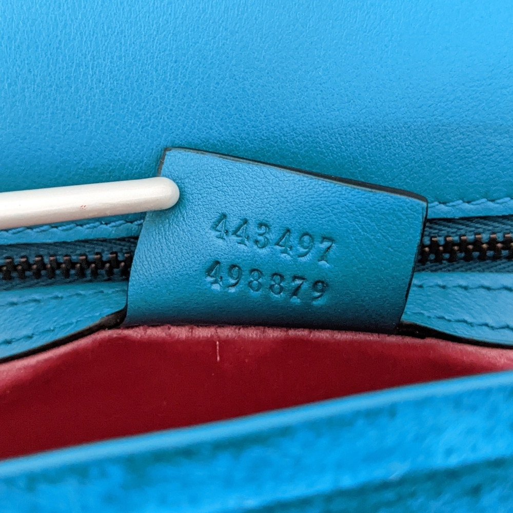 Gucci Velvet Matelasse Embroidered Small GG Marmont Shoulder Bag Pavone Cyan - Picture 13 of 15